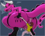  2017 anthro big_breasts breasts butt clothing demon digital_media_(artwork) dragon female footwear high_heels horn human human_on_anthro interspecies interstellar_demon_stripper jyto larger_female looking_at_viewer male mammal morty_smith penis pussy reptile rick_and_morty scalie shoes simple_background size_difference smaller_male spikes teeth thick_thighs 