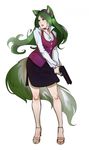  5_fingers animal_humanoid clothed clothing digital_media_(artwork) female green_eyes green_hair gun hair hi_res holding_object holding_weapon humanoid nitricacid ranged_weapon simple_background skirt solo weapon white_background 