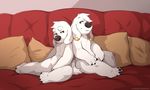  2017 4_fingers 4_toes aidenmonster amber_eyes anthro bangs big_nose biped blush brian_griffin brown_eyes brown_nose canine claws convenient_censorship cousins dog duo ear_piercing family_guy floppy_ears fur hi_res jasper_(family_guy) male mammal nude piercing pillow sitting slightly_chubby smile toe_claws toes white_fur 