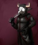  5_fingers armor arrwulf blood_on_clothing blood_on_weapon cape clothed clothing coat fully_clothed gloves hi_res horn machete mask melee_weapon pants plague_doctor portrait simple_background standing three-quarter_portrait weapon weapon_on_shoulder 
