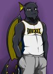  anthro arrwulf basketball black_scales clothed clothing dragon ear_fins fin looking_at_viewer male mario_the_magnificent mascot pants scales shirt solo standing tank_top wings 