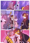  absurd_res anthro backpack blush clothed clothing comic duo feline female fur hair hi_res jush locker mammal school smile standing tiger tongue tongue_out 