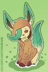  2017 bottomless browniecomicwriter clothed clothing cute eeveelution feral green_background hair hair_over_eye hoodie leafeon male mammal nintendo pok&eacute;mon pok&eacute;mon_(species) simple_background sitting smile solo video_games 