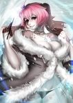  5_fingers anthro big_breasts breasts cleavage clothed clothing digitigrade female hair hi_res lagomorph looking_at_viewer mammal nitricacid pink_hair rabbit red_eyes smile solo thong 