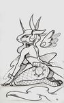 2017 anthro anthrofied black_and_white bow_tie bunny_costume butt clothing costume cutie_mark equine fake_ears fake_rabbit_ears female fishnet fishnet_legwear friendship_is_magic hair horn kneeling legwear leotard looking_at_viewer looking_back mammal monochrome my_little_pony princess_celestia_(mlp) smile solo traditional_media_(artwork) underpable winged_unicorn wings 