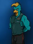  anthro arrwulf avian bird blue_eyes chauncey_the_chanticleer feathers green_feathers hi_res looking_at_viewer male mascot orange_feathers solo 