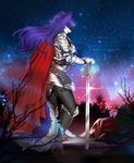  anthro armor canine clothed clothing detailed_background digital_media_(artwork) eyes_closed hair hi_res holding_object holding_weapon mammal melee_weapon nitricacid purple_hair sky solo star starry_sky sword weapon wolf 