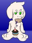  3_toes animal_genitalia animal_penis asriel_dreemurr balls boss_monster doughnut dripping food food_in_mouth fur green_eyes jelly leaning leaning_back male male_focus penis simple_background solo spread_legs spreading tan_fur toes undertale video_games young 