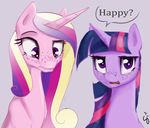 2015 absurd_res cute dialogue duo english_text equine female feral freckles friendship_is_magic hair hi_res horn looking_at_viewer mammal multicolored_hair my_little_pony princess_cadance_(mlp) purple_eyes silfoe simple_background text twilight_sparkle_(mlp) unicorn 