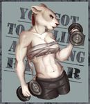  5_fingers abs anthro breasts chest_wraps clothed clothing digital_media_(artwork) dumbbell ear_piercing feline female hi_res lion mammal midriff muscular muscular_female navel nitricacid piercing solo weights wraps 