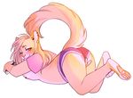  2017 amber_eyes anthro blonde_hair breasts butt cat clothed clothing delsin_(jush) ear_piercing earbuds feline female fur hair half-closed_eyes headphones hi_res jush long_hair lying mammal masturbation nipple_piercing nipples on_front one_eye_closed partially_clothed pawpads paws piercing simple_background slightly_chubby smile solo vaginal vaginal_masturbation white_background yellow_fur 