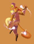  2017 4_fingers action_pose ambiguous_gender anthro arm_tuft armor belt biped black_eyes breastplate brown_fur brown_tail brown_theme cheek_tuft clothing digimon digital_media_(artwork) digital_painting_(artwork) dipstick_tail fangs fire footwear full-length_portrait fur gauntlets gloves hat head_tuft hi_res humanoid_hands looking_at_viewer looking_back magic_user makuramon mammal monkey multicolored_tail pants pauldron portrait prehensile_tail primate psydoktor raised_arm rear_view shadow shoes smile solo suspended_in_midair tan_skin tuft white_tail will-o-wisp 