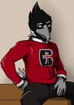 anthro arrwulf avian bird black_feathers eagle feathers grey_eyes hi_res looking_at_viewer male mascot rocky_the_raven solo white_feathers 