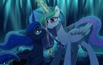  2017 blue_eyes blue_feathers blue_hair duo equine eye_contact eyelashes feathered_wings feathers female feral friendship_is_magic glowing hair horn long_hair magic mammal melee_weapon momomistress multicolored_hair multicolored_tail my_little_pony princess_celestia_(mlp) princess_luna_(mlp) purple_eyes sibling sisters smile sparkles sword weapon white_feathers winged_unicorn wings 