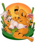  2017 anthro breast_rest breasts feline female fur hair hi_res mammal nipples nude orange_fur pussy smile snappygrey solo stripes tiger 