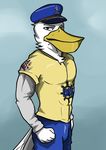  anthro arrwulf avian bird clothing hi_res looking_at_viewer male mascot pelican pete_the_pilot simple_background uniform 