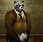  2017 anthro balls bear big_balls big_penis blue_eyes clothed clothing digital_media_(artwork) eyewear flaccid front_view fur glasses hair hi_res humanoid_penis male mammal mature_male necktie panda penis precum school shirt slightly_chubby solo teacher vein veiny_penis white_fur zomacaius 