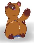 2017 animal_crossing anthro blush butt cum hi_res male mammal nintendo penis pomupomu490 presenting presenting_hindquarters rear_view simple_background solo tanuki tom_nook_(animal_crossing) video_games white_background 