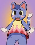 2017 alternate_version_available animal_crossing anthro anthrofied blue_fur blush bottomless cat clothed clothing digital_media_(artwork) fangs feline female fur hair hi_res infamousrel mammal nintendo open_mouth pinup pokeandpenetrate pose pussy rosie_(animal_crossing) simple_background smile solo standing upskirt video_games 