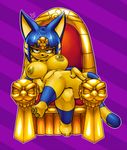  abstract_background animal_crossing ankha anthro big_breasts blue_fur blue_hair breasts cat chair egyptian fangs feline female fur hair half-closed_eyes headdress looking_at_viewer mammal nintendo nipples nude slightly_chubby smile solo teckworks throne video_games white_outline yellow_fur 