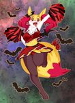  2017 anthro bat blood blush braixen cheerleader clothing crop_top dripping fan_character fangs female fur hairclip inner_ear_fluff mammal mane midriff multicolored_fur multicolored_tail navel nintendo on_one_leg onirin open_mouth panties pok&eacute;mon pok&eacute;mon_(species) pom_poms red_eyes ribbons seraphine_(roflfox) shirt skirt solo standing stick tongue underwear video_games wings 