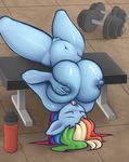  2017 absurd_res anthro anthrofied big_breasts breasts burstfire collaboration dumbbell elzzombie equine eyes_closed female friendship_is_magic hair hi_res huge_breasts mammal multicolored_hair my_little_pony navel nipples nude pussy rainbow_dash_(mlp) solo sweat tongue tongue_out weights 