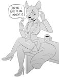  anthro beckoning breasts cleavage clothed clothing earpiece female footwear garter_straps hair hair_over_eye hi_res high_heels hotkeke1 legwear mole_(marking) monochrome necktie shoes sitting solo stockings table unbuttoned 