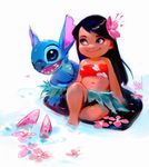  2017 alien black_hair blue_eyes blue_fur blue_nose chest_tuft claws clothing colored_sketch digital_drawing_(artwork) digital_media_(artwork) disney duo_focus experiment_(species) female fish flower fur grass_skirt group hair head_tuft hibiscus human koi lilo_and_stitch lilo_pelekai long_hair mammal marine notched_ear open_mouth open_smile plant rossdraws signature simple_background sitting smile standing stitch tube_top tuft unfinished wakeboard water white_background 