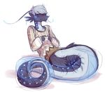  anthro bioluminescence black_sclera blue_scales blue_skin clothed clothing dragon gemskull gills glowing grey_hair grey_scales grey_skin hair humanoid hybrid long_tail male marine megami_tensei monster partially_clothed persona reptile scales scalie simple_background smile smirk snake solo sweater yu_narukami 