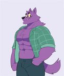  2017 abs anthro bernard_(ok_k.o.!_lbh) biceps big_muscles canine cartoon_network chest_tuft clothed clothing fur looking_at_viewer male mammal muscular navel o-ro ok_k.o.!_let&#039;s_be_heroes open_shirt pants pecs purple_fur purple_nose shirt simple_background smile solo standing tuft were werewolf white_background wolf yellow_sclera 