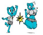  2017 5_fingers age_progression anthro barefoot big_breasts bimbofication blue_fur breast_expansion breasts cartoon_network cat clothing dbaru digital_media_(artwork) english_text eyelashes fangs feline female fur hi_res jumping mammal mature_female navel nicole_watterson nipples open_mouth pose purple_eyes raised_leg shirt simple_background skirt smile solo standing startled text the_amazing_world_of_gumball tight_clothing transformation wardrobe_malfunction whiskers white_background wide_hips 