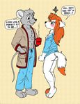  anthro blush bottomless canine clothed clothing code_name:_hunter delisle dialogue english_text female fur green_eyes grey_fur hair hi_res mammal max_mcconnor mouse orange_hair rodent ruby_pyrenees text white_fur 
