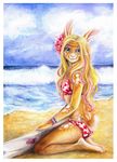  anthro belo4ka blonde_hair blue_eyes female hair lagomorph looking_at_viewer mammal rabbit smile solo traditional_media_(artwork) 