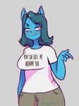  2017 4_fingers ampbatross anthro big_breasts blue_fur blue_hair blush breasts cartoon_network cat clothing digital_media_(artwork) english_text eyelashes feline female fur hair hi_res humanoid looking_at_viewer mammal mature_female nicole_watterson pointing shirt simple_background slightly_chubby smile solo t-shirt text the_amazing_world_of_gumball whiskers white_background yellow_eyes 
