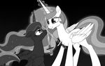  2017 black_background duo equine eye_contact eyelashes feathered_wings feathers female feral friendship_is_magic glowing greyscale hair horn long_hair magic mammal melee_weapon momomistress monochrome my_little_pony princess_celestia_(mlp) princess_luna_(mlp) sibling simple_background sisters smile sparkles sword weapon winged_unicorn wings 