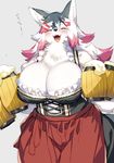  2017 alcohol anthro bangs beer beverage big_breasts black_fur blush breasts canine chest_tuft cleavage clothed clothing dress eyes_closed female front_view fur grey_background hair hair_between_eyes hairclip happy holding_object inner_ear_fluff japanese_text kemono kishibe long_hair mammal multicolored_fur multicolored_hair open_mouth portrait red_hair simple_background solo text three-quarter_portrait tuft two_tone_fur two_tone_hair waiter white_fur white_hair wolf 