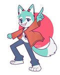  2017 anthro blue_eyes canine chibi clothing cosplay fangs fist fox fur_markings hatsune_miku jacket male mammal markings pants pointing pointing_up roflfox setenza shirt simple_background solo vocaloid 