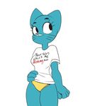  2017 4_fingers anthro blue_fur breasts cartoon_network cat clothing digital_media_(artwork) english_text eyelashes feline female fur hand_on_hip looking_aside mammal mature_female nicole_watterson panties pose shirt simple_background solo standing t-shirt text the_amazing_world_of_gumball underwear unknown_artist whiskers white_background 