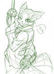  2015 anthro blush cat clothed clothing coat feline fur hi_res log_horizon male mammal melee_weapon monochrome nyanta one_eye_closed risuou simple_background sketch smile solo sword weapon wink 