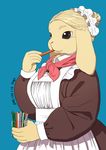  2015 5_fingers :3 anthro big_breasts biped black_eyes blonde_hair blue_background bow breasts clothing digital_drawing_(artwork) digital_media_(artwork) eating female food food_in_mouth front_view fur hair hair_bun half-length_portrait holding_food holding_glass holding_object humanoid_hands japanese kemono lagomorph lop_eared_bunny maid_uniform mammal mature_female neck_tuft nogi portrait rabbit short_hair simple_background slightly_chubby smile solo standing tuft uniform yellow_fur 