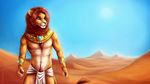 2016 anthro armor belo4ka body_hair brown_eyes brown_hair chest_tuft clothed clothing day desert detailed_background digital_media_(artwork) egyptian feline front_view fur gorget hair happy_trail lion loincloth looking_aside mammal navel orange_fur outside sand sky smile standing tail_tuft tan_fur topless tuft vambraces 
