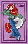  2007 anthro canine clothed clothing code_name:_hunter daphne_lage ear_piercing female fur green_eyes hair looking_at_viewer looking_back mammal piercing red_hair ruby_pyrenees solo white_fur 