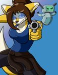  2017 anthro breasts brown_hair canine claire_(skidd) clothed clothing duo eyewear female fox fur glasses gun hair hi_res machine mammal proto_(skidd) ranged_weapon robot thelordoflemonz uberquest weapon yellow_fur 