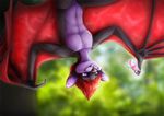  anthro arthropod bat belo4ka black_fur blurred_background butterfly collarbone day digital_media_(artwork) duo feral front_view fur hair insect mammal membranous_wings navel nude outside purple_eyes purple_fur red_hair red_skin short_hair size_difference smile spread_wings tongue tongue_out tree upside_down wing_claws wings 