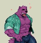  2017 abs absurd_res anthro belt bernard_(ok_k.o.!_lbh) biceps big_muscles black_nose blush booboo34 canine cartoon_network chest_tuft claws clothed clothing eyes_closed fangs fur grey_background hand_on_hip hi_res male mammal muscular muscular_male navel ok_k.o.!_let&#039;s_be_heroes open_mouth open_shirt open_smile pecs purple_fur shirt shorts simple_background smile solo standing teeth tongue tuft were werewolf wolf 