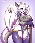  2017 anthro armor belt big_breasts blue_eyes blush breasts buster_whelp_of_the_destruction_swordsman clothing dragon exposed feathers female fur gauntlets gloves hair hi_res horn konami melee_weapon nipples pants shine simple_background solo surprise sword tailzkim tuft weapon wings yu-gi-oh 