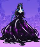  2017 anthro ballroom_gown big_breasts black_hair blue_fur breasts cat cleavage clothed clothing dress feline flavia fur gown hair hi_res mammal purple_eyes rubber shiny solo toughset wide_hips 