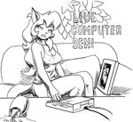  2017 5_fingers anthro breasts callie_briggs cat cleavage clothed clothing computer digital_media_(artwork) english_text feline female fur hair long_hair mammal monochrome nipples redout simple_background sleeveless_shirt sofa solo swat_kats text white_background 