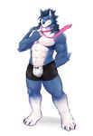  2017 abs anthro biceps big_muscles black_nose blue_fur boxers_(clothing) canine clothed clothing fur grey_hair hair hi_res kemono looking_at_viewer male mammal muscular pecs pink_eyes ralefov scar smile solo standing topless triceps underwear white_fur wolf 