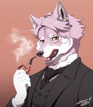  2017 5_fingers anthro biped black_claws black_clothing black_nose bust_portrait canine cheek_tuft claws clothing digital_drawing_(artwork) digital_media_(artwork) dog eyewear fur gentleman hair half-closed_eyes head_tuft holding_object humanoid_hands icon inner_ear_fluff japanese kemono looking_at_viewer male mammal mane_hair monocle multicolored_fur necktie nogi open_mouth pink_background pink_fur pink_hair pink_tongue portrait red_eyes sharp_teeth short_hair signature simple_background smoking smoking_pipe solo suit teeth tobacco_pipe tongue tuft two_tone_fur undershirt white_fur 